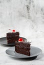 A slice of delicious chocolate cake with cherry on top on marble background. Piece of Cake on a Plate. Sweet food. Sweet dessert. Royalty Free Stock Photo