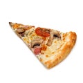 Slice of delicious classic italian pizza with Mozzarella, ham, pepperoni sausage and mushrooms Royalty Free Stock Photo