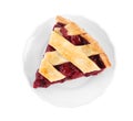 Slice of delicious fresh cherry pie isolated, top view Royalty Free Stock Photo