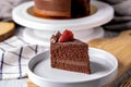 Slice of delicious homemade chocolate cake soft fudge topping with strawberry. Royalty Free Stock Photo