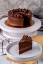Slice of delicious homemade chocolate cake soft fudge. Royalty Free Stock Photo