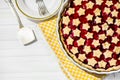 Slice of delicious homemade sour cherry pie on plate. Royalty Free Stock Photo