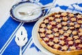 Slice of delicious homemade sour cherry pie on plate. Royalty Free Stock Photo