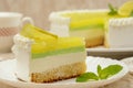 A slice of delicious lemon cake with mint on the plate