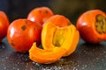 Slice of the exotic tropical fruit of Bactris gasipaes palm tree called chontaduro with salt and honey