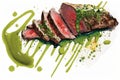 slice of flank steak with chimichurri sauce drizzle