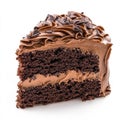 A slice of fluffy chocolate sponge cake with chocolate icing, isolated on a white background, Royalty Free Stock Photo