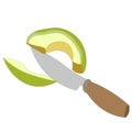 Slice fresh avocado with knife with wooden handle. Cutting food with sharp metal knife. Vector illustration of healthy vegan food