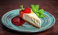 Slice of fresh delicious cheesecake with strawberry and leaf of mint Royalty Free Stock Photo
