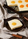 Slice of fresh homemade apricot cake. `Fried eggs` apricot cake. Royalty Free Stock Photo