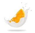 Slice of fresh orange with splashes of cream close-up