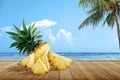 Slice of fresh pineapple on wooden table Royalty Free Stock Photo