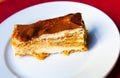 Slice of fresh tiramisu cake on white plate