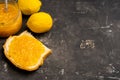 Slice of freshly baked rural bread with homemade citrus jam. Selective focus