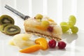 Slice of fruit cake on cake server with various fruit, close up.