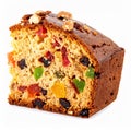Slice of Fruit Cake with Dried Fruit and Nuts on White Background Royalty Free Stock Photo