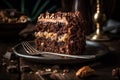 Slice of German chocolate cake with coconut, pecan frosting, chocolate cake, coconut and chopped pecans. AI generated.