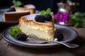 Slice of German curd Cheesecake called \'KÃÂ¤sekuchen\' with blackberry fruits on plate
