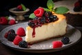 Slice of German curd Cheesecake called \'KÃÂ¤sekuchen\' with raspberry and blackberry fruits