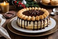 A slice of German Pie with whipped cream, biscuits, and chocolate syrup drizzled on top Royalty Free Stock Photo