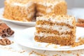 Slice of gourmet carrot cake with walnut crumbs