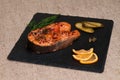 Slice of grilled salmon with Dijon mustard.