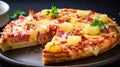 AI generated illustration of a Hawaiian pizza sits atop a tray, one slice has been removed