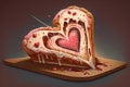 slice of heart-shaped cinnamon roll with drizzling icing and sprinkled with red and pink sprinkle