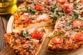 Slice of home baked pizza with bacon and mushrooms Royalty Free Stock Photo
