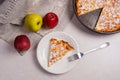 Slice of homemade apple pie with fork and fresh apples on light Royalty Free Stock Photo