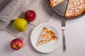 Slice of homemade apple pie with fork and fresh apples on light Royalty Free Stock Photo
