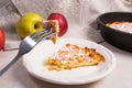 Slice of homemade apple pie and fork on light marble background Royalty Free Stock Photo