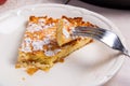 Slice of homemade apple pie and fork on light marble background Royalty Free Stock Photo