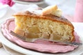 Slice of homemade apple sponge cake on pink plate
