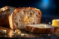 A slice of homemade bread with melted butter on top, appetizing and delicious.Generative AI