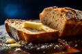 A slice of homemade bread with melted butter on top, appetizing and delicious.Generative AI