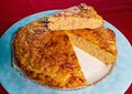 Slice of homemade potato pie with baked ham. Royalty Free Stock Photo