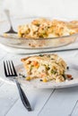 A slice of homemade turkey pot pie, ready for eating.