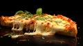 A slice of hot Italian pizza with stretching cheese. Pizza four cheeses with basil