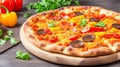 Slice of hot pizza large cheese lunch or dinner crust seafood meat topping sauce. with bell pepper vegetables delicious tasty fast