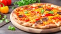 Slice of hot pizza large cheese lunch or dinner crust seafood meat topping sauce. with bell pepper vegetables delicious tasty fast Royalty Free Stock Photo