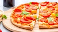 Slice of hot pizza large cheese lunch or dinner crust seafood meat topping sauce. with bell pepper vegetables delicious tasty fast Royalty Free Stock Photo