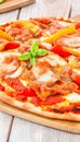 Slice of hot pizza large cheese lunch or dinner crust seafood meat topping sauce. with bell pepper vegetables delicious tasty fast