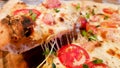 A slice of hot pizza, large cheese, lunch or dinner, seafood crust, meat sauce. with bell pepper vegetables tasty delicious fast