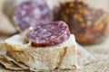 Slice of hot salami on a piece of bread Royalty Free Stock Photo