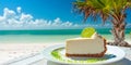 Slice of Key Lime Pie on Graham Cracker Crust with Lime Zest and Beautiful Coastal Background Royalty Free Stock Photo