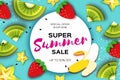 Slice of kiwi and carambola. Strawberry and Banana. Super Summer Sale Banner in paper cut style. Origami juicy ripe