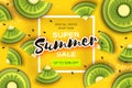 Slice of kiwi. Top view. Kiwi Super Summer Sale Banner in paper cut style. Origami juicy ripe green slices. Healthy food