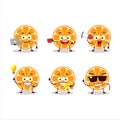 Slice of kumquat cartoon character with various types of business emoticons