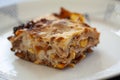 Slice of lasagne on a plate. Extreme close up image with selective focus Royalty Free Stock Photo